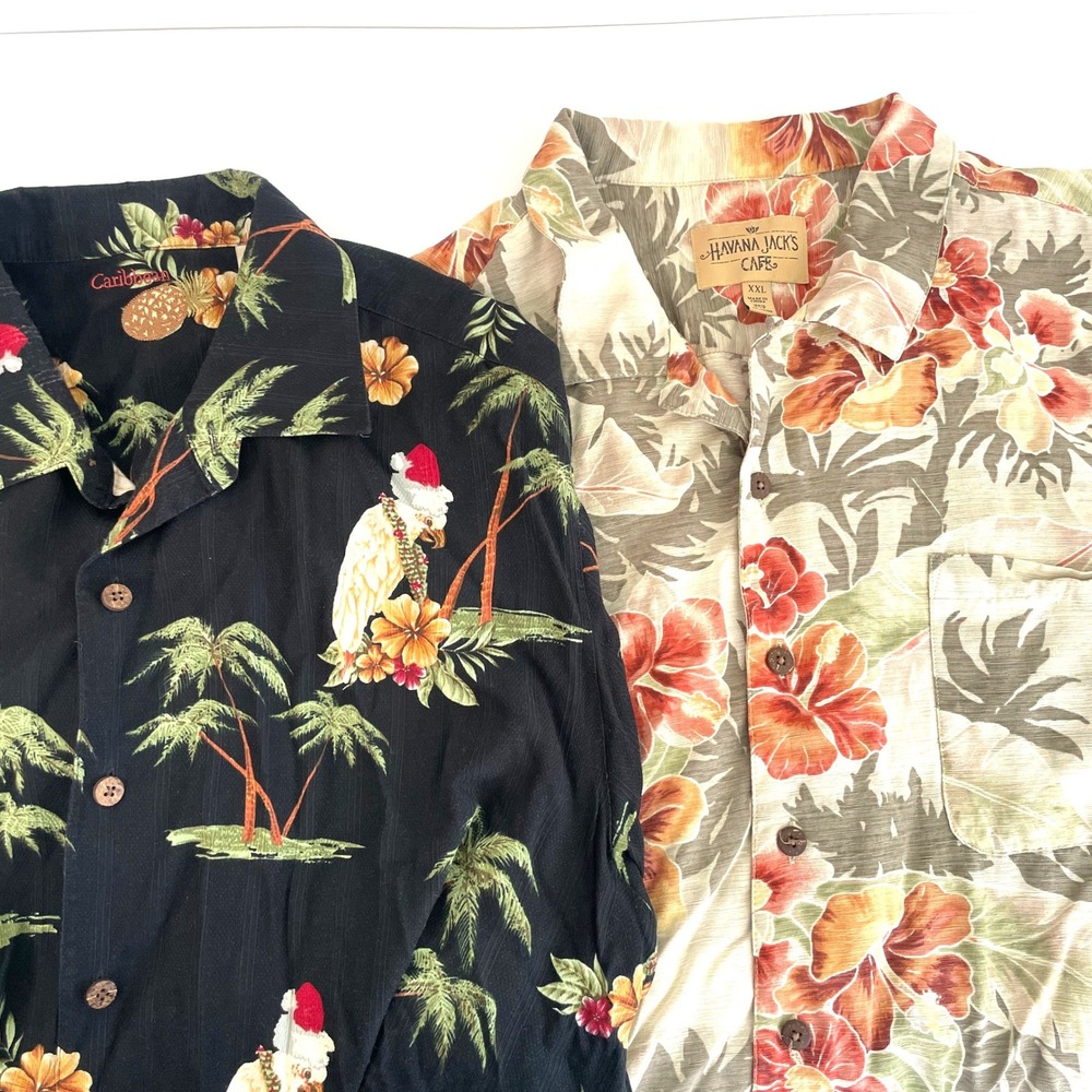 Lot of 2 Mens XXL Silk Hawaiian Shirts Havana Jacks Cafe Caribbean Christmas